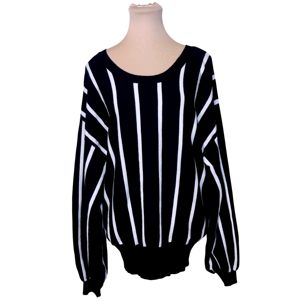 Umgee Black White Vertical Striped Tie Back Sweater Size L Nautical Pullover